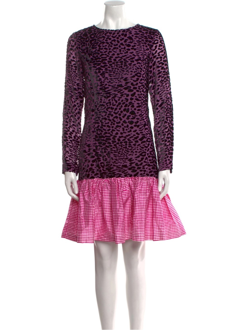 Batsheva Purple and Pink Leopard Velvet Dress with Gingham Ruffle 16